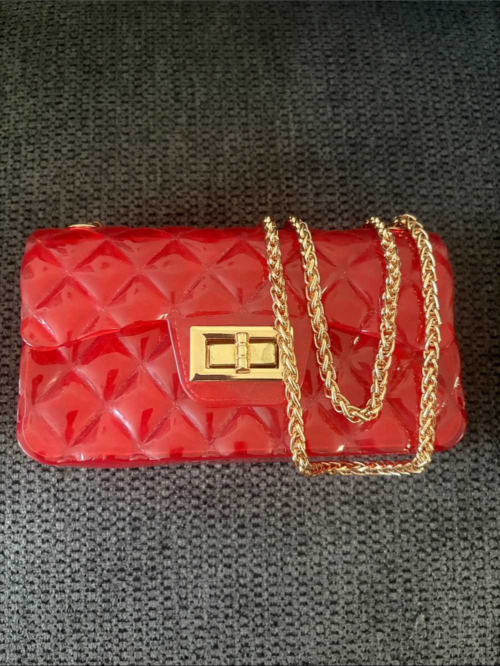 Red Quilted Jelly Crossbody Bag with Gold Chain